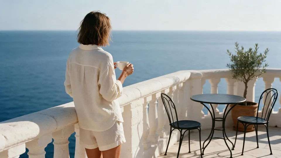 The guest stands at the limestone balustrade with her back to the camera, holding the coffee cup, looking out over the calm blue sea in the morning sun.