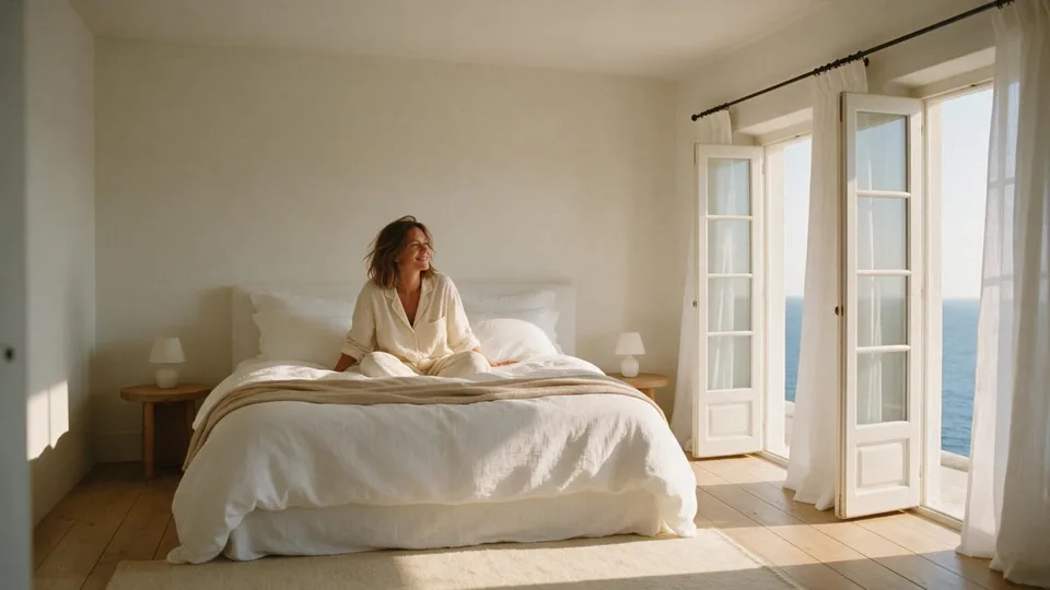 The guest sits up in the king bed against the white pillows, smiling softly as she turns her face toward the open doors and the light.