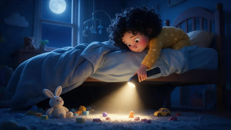Mia leaning over the edge of the bed, flashlight in hand. The monster is not visible yet.