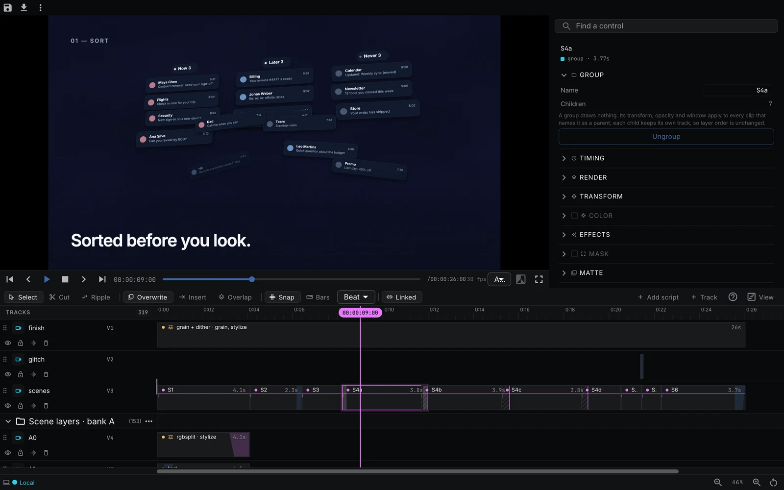 Serein open in NodeTool's timeline editor, showing the preview and editable tracks