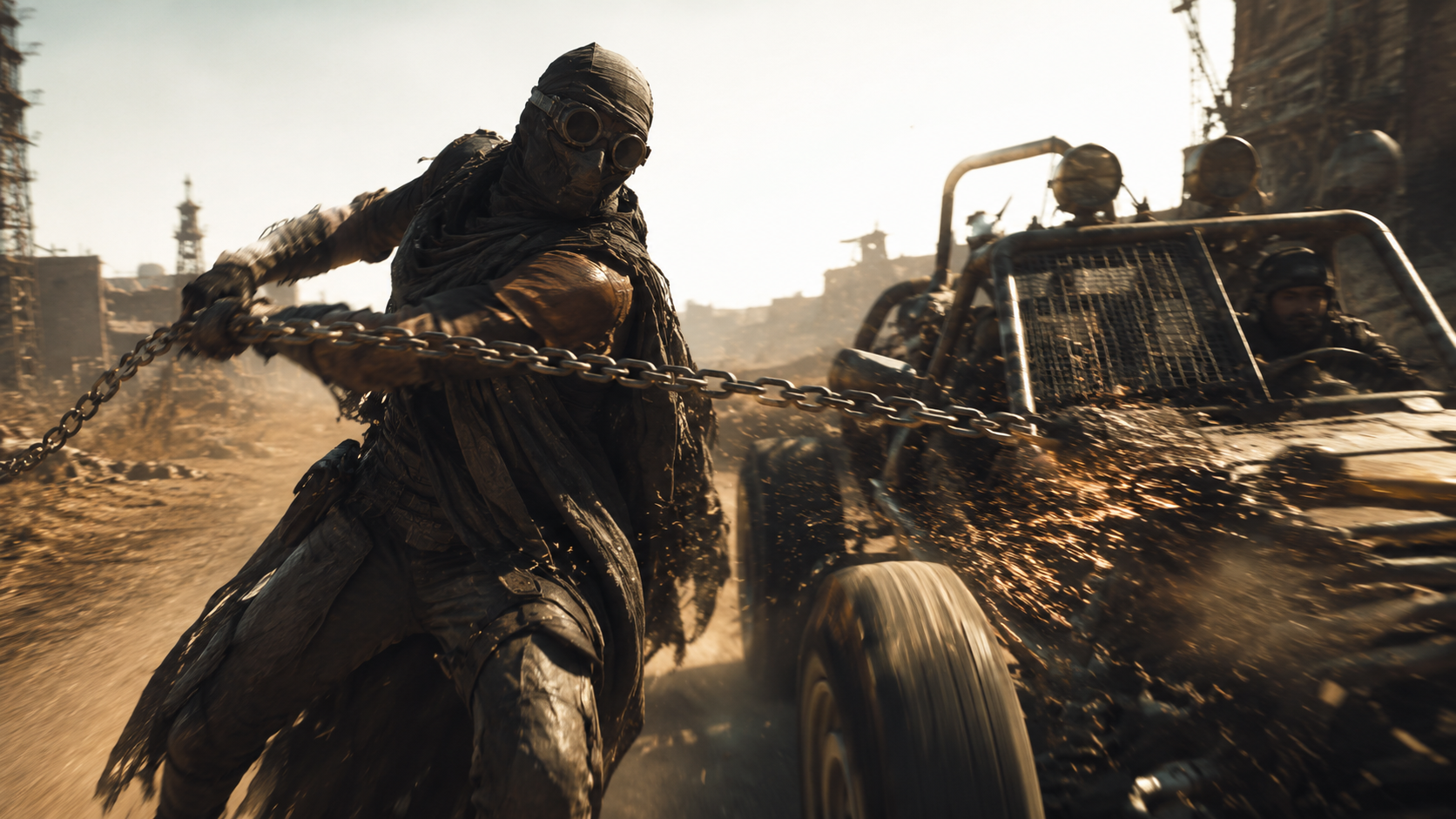 A raider hauls the war-rig in by the chain